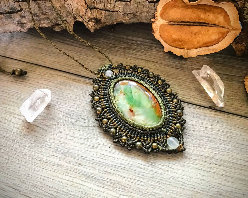 Oval Victorian Era Style Macrame Necklace Design with Peruvian SerpentinePetrified Wood Mix and Crystal Quartz and Brass Beads Very Unique