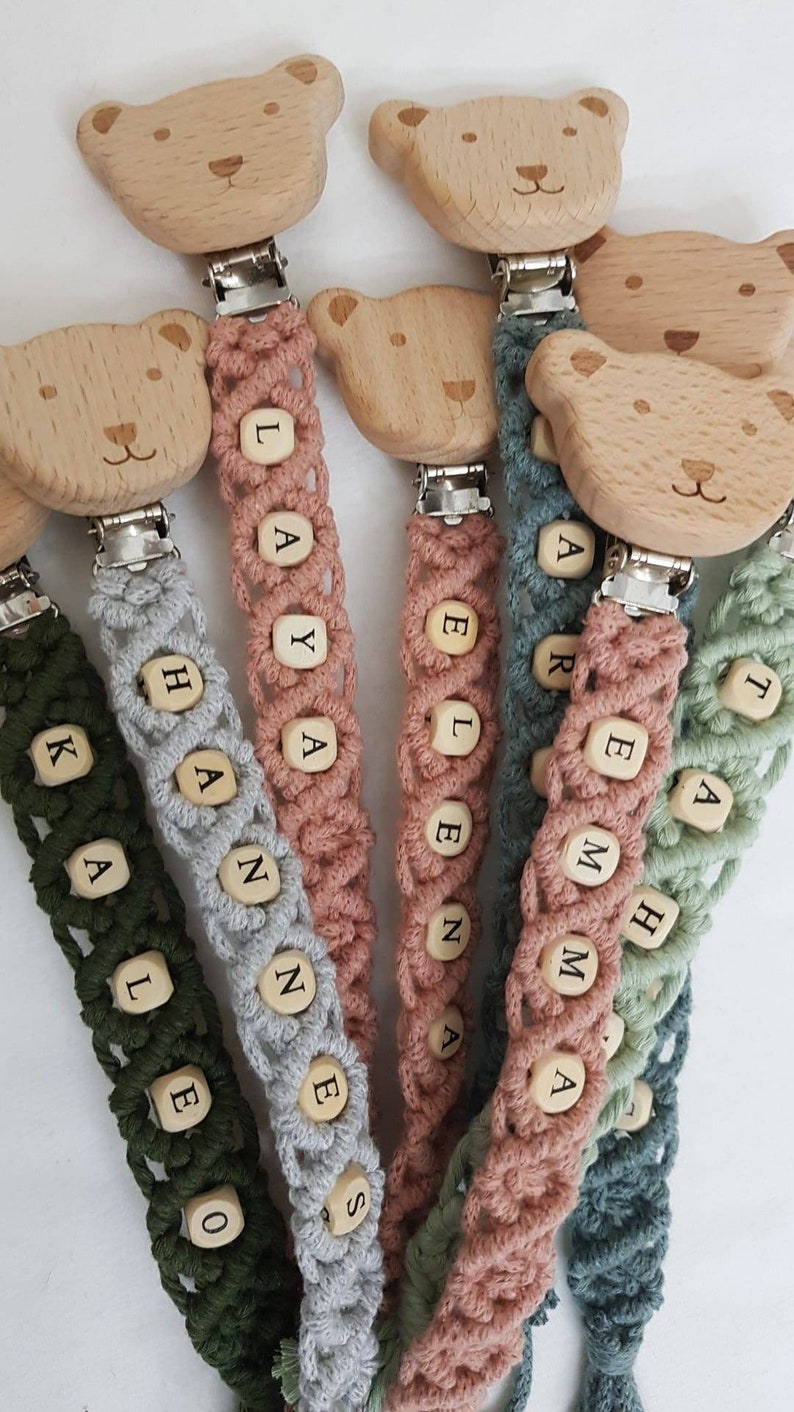 Macrame pacifier chain oeko tex Standard 100 certified. NATURAL PRODUCT Pacifier chain with name gift for birth image 3