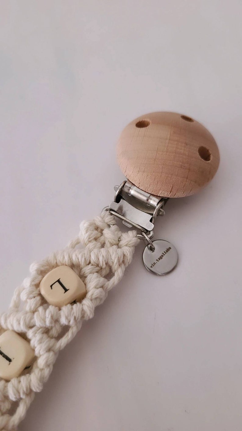 Macrame pacifier chain oeko tex Standard 100 certified. NATURAL PRODUCT Pacifier chain with name gift for birth image 2