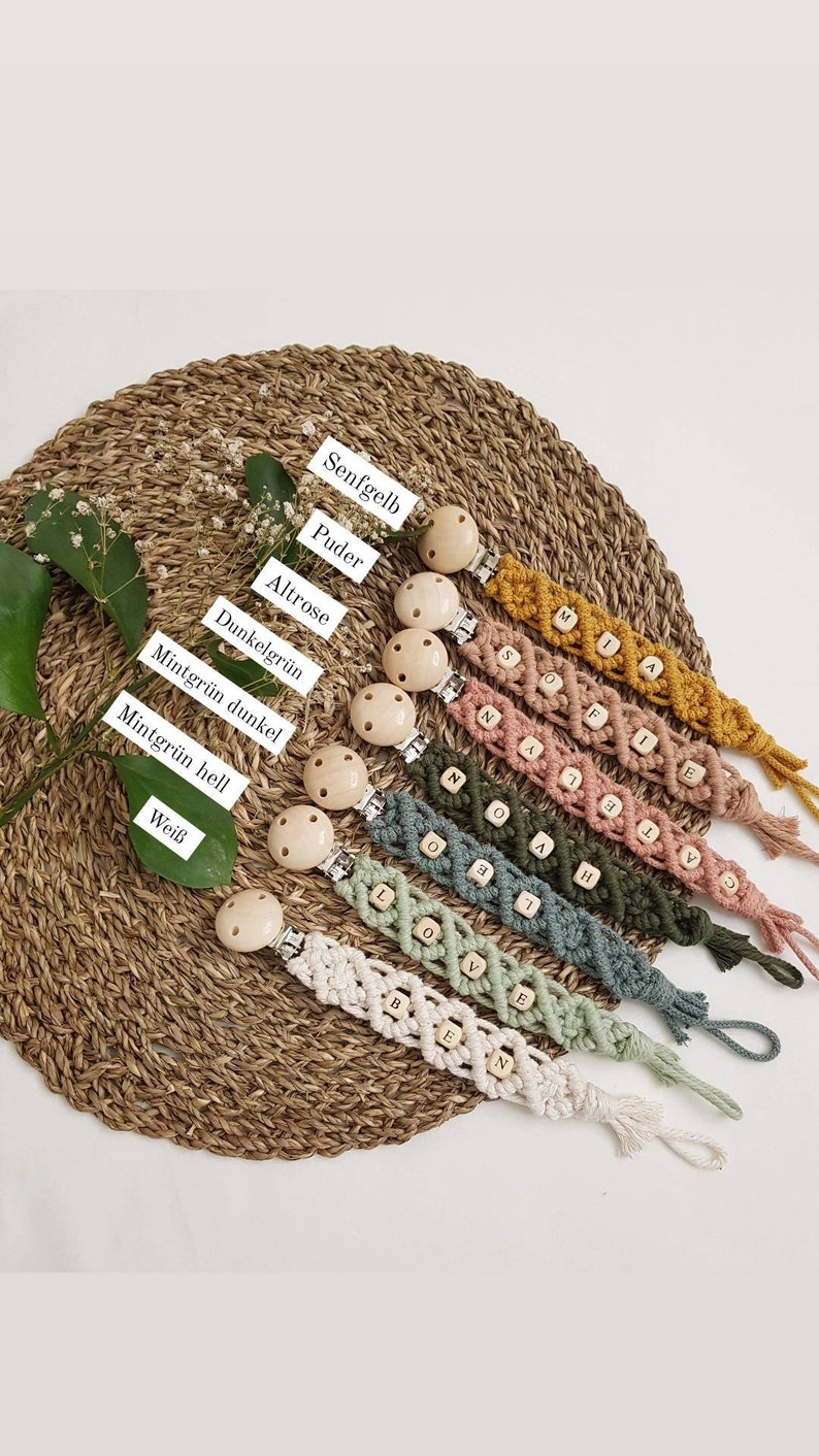 Macrame pacifier chain oeko tex Standard 100 certified. NATURAL PRODUCT Pacifier chain with name gift for birth image 4