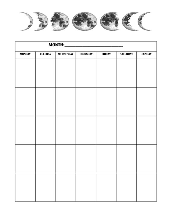 Blank Printable Moon Phase Monthly Calendar Template Etsy