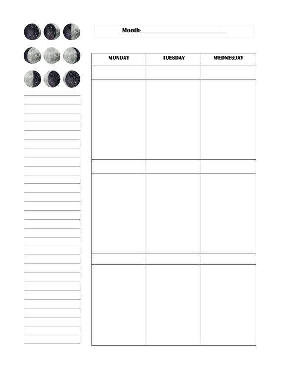 Blank Printable Moon Phase Weekly Calendar Template - Etsy