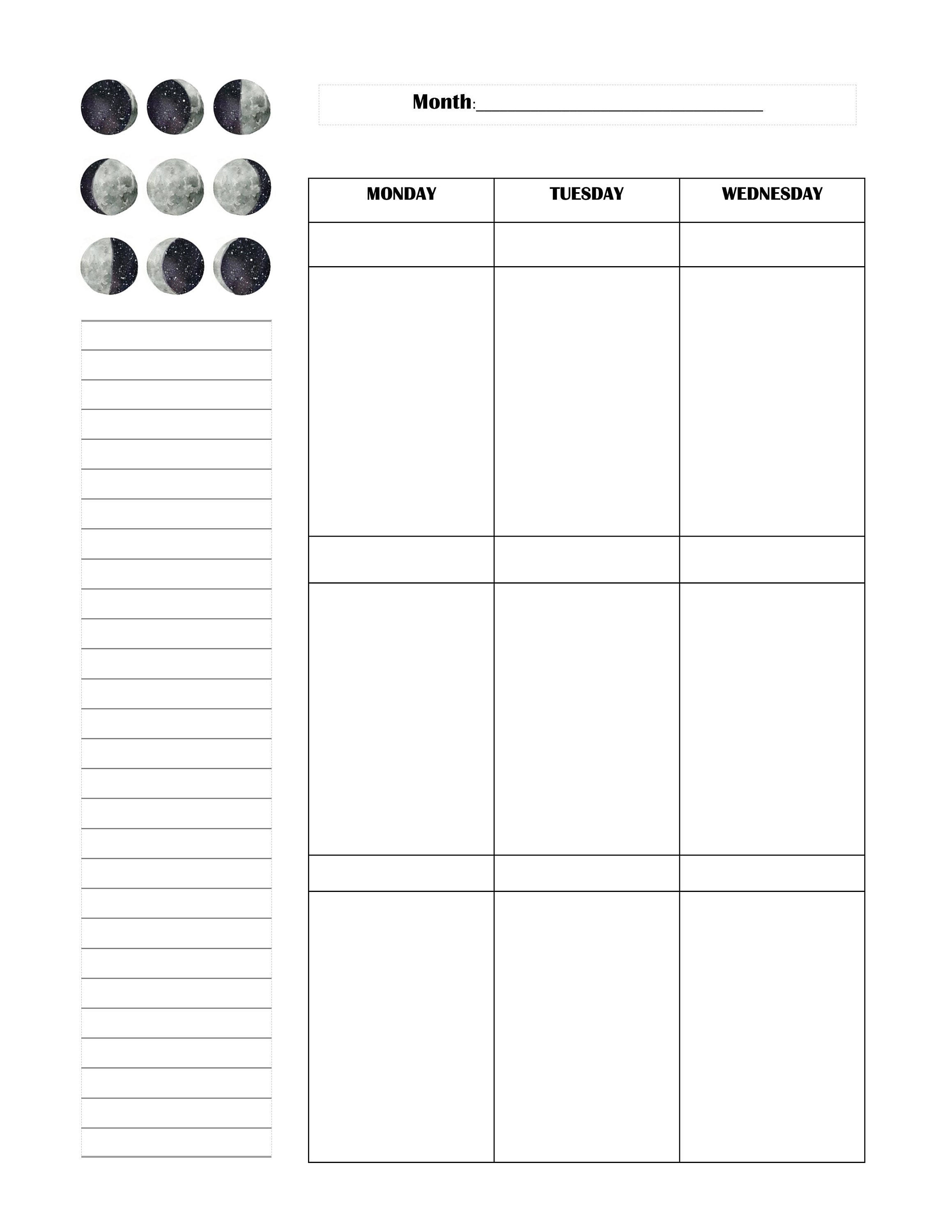 Blank Printable Moon Phase Weekly Calendar Template - Etsy