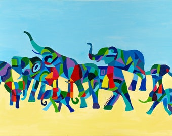 Colorful elephant painting, elephant art, abstract art, elephant family