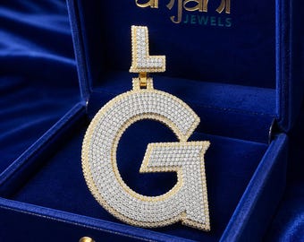 Custom Iced Out Letter G Pendant, Moissanite Initial Necklace, Two Tone Gold 925 Sterling Silver, Hip Hop Jewelry, Iced L Bail