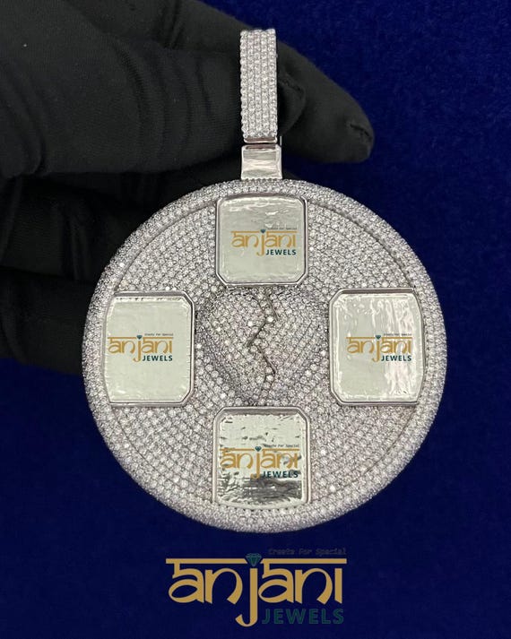 Ciondolo Foto Rotondo In Argento 925 Con Moissanite Naturale 2,38ct Personalizzabile Uomo