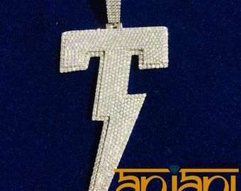 New IcedOut Customized &quot; T &quot; Pendant/925 Sterling Silver/Vvs1 Moissanite Stones/ Customized/ All moissanite pass through Diamond Tester/