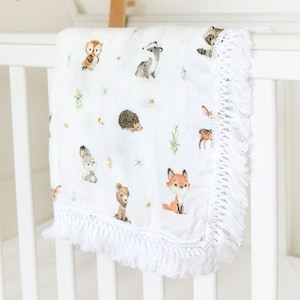 Woodland Animals Luxury Silky Soft Organic Bamboo Baby Muslin Tassel Blanket Swaddle Breastfeeding Cover Gift