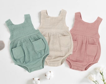 Organic Cotton Muslin Romper | Dungaree Shorts | Gender Neutral | Unisex | Baby Boy Girl Shower Gift