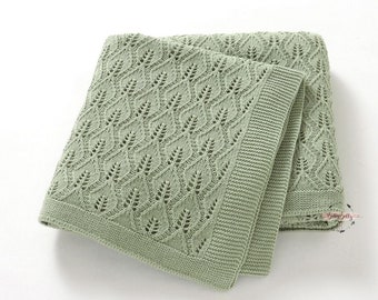 Super Soft Sage Green 100% Organic Cotton Knitted Leaf Cellular Blanket Wrap Swaddle Unisex Baby Boy Girl Shower Gift