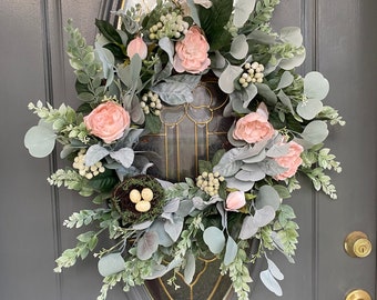 Spring Wreath, Floral Easter Wreath for Front Door, Gift for Her, Elegant Spring Door Decor, Mother’s Day, Housewarming, Farmhouse Wreath