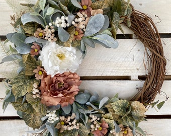 Rustic Farmhouse Wreath, Spring Country Front Door Wreath, Rustic Neutral Peony Wreath Spring Summer Every Day Year Round Wreath