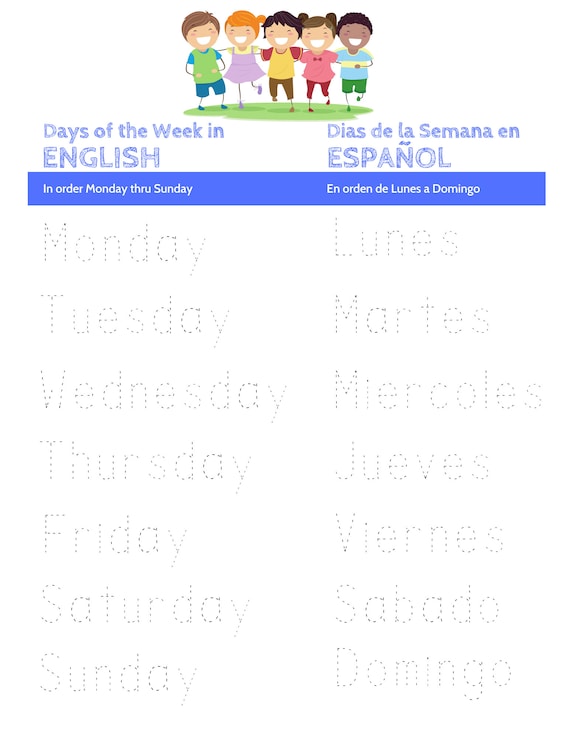 Text in Spanish: Monday, Tuesday, Wednesday, Thursday, Friday