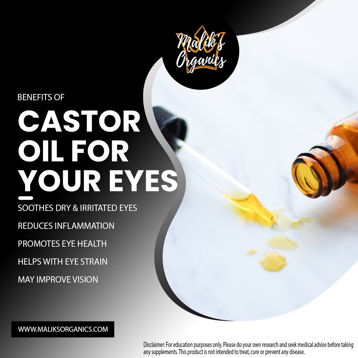 Maliks Organics Castor Oil Eye Drops, Organic Coldpressed Castor Oil