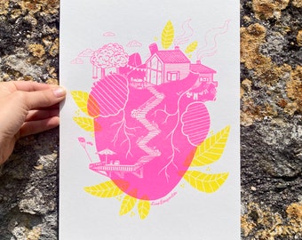Home poster heart and leaves - Illustration - Neon rose - Risography A4 - limited edition 50ex