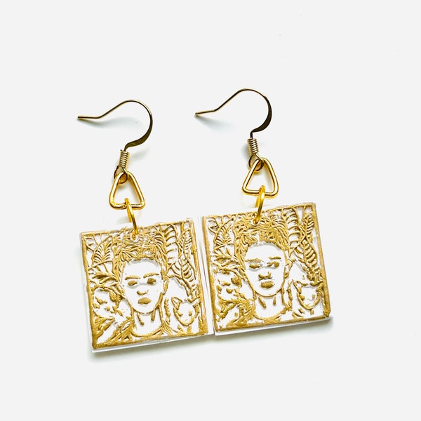 Boucles d'oreilles Frida Kahlo en or/carrelage blanc/cadeau pour elle/mexicaine/artiste/peintre/vivalavida/cadeau, femme, petite amie, amie