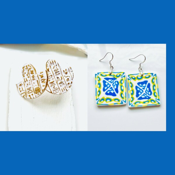 hieroglyphics and tile earrings set of two pair / samples/ almost perfect/ affordable luxury/ gift ideas/ birthdays/tile earrings