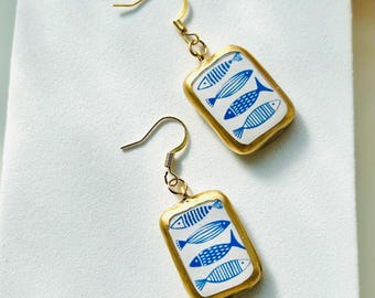 sardine keramische visoorbellen/oorbellen in Portugese stijl/oorbellen met Cornish patroon/blauwe en witte oorbellen/boho-oorbellen