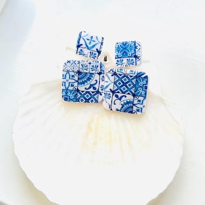 Mediterranean blue and white tile earrings/portuguese tile earrings/elegant dress up vacation earrings/ceramic tile style earrings/ polymer