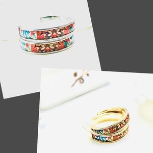 Tile print inlay gold or silver hoop earrings/portugal tile print earrings/ everyday earrings for her/ party/ boho earrings/mediterranean