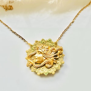 Art Nouveau necklace/ver-de-gris detail/clay pendant/handmade/9ct gold pendant/gift for art nouveau lovers/gift wife/art deco/golden lady