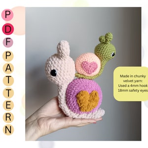 Crochet PATTERN: plush snail, Amigurumi snail, crochet valentines gift, Cute snail with heart print shell, Valentine snail crochet pattern image 6