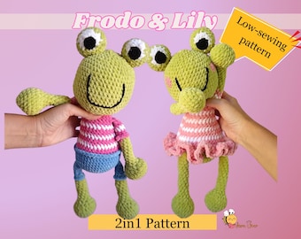 Schema per uncinetto di una rana, Frodo e Lily - Rana con zampe e braccia flosce, schema a punto basso, rana all'uncinetto, schema di peluche, rana amigurumi