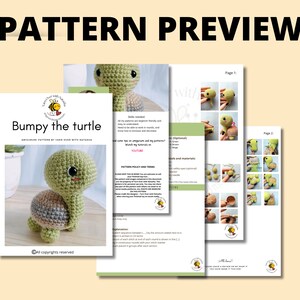 May include: A crochet pattern for a turtle amigurumi toy. The pattern includes instructions and photos of the finished product. The pattern is called "Bumpy the Turtle" and is by Yarn Over with Natasha.