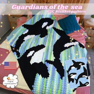 May include: A crochet blanket featuring a C2C pattern of black and white orca whales against a diagonal striped background of blue, green, and white. The text Guardians of the sea C2C Blanket pattern is visible along with a small grid chart.