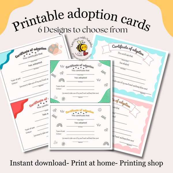 Printable adoption cards, Digital toy adoption certificates, Personal adoption paper for toys, printable adoption papers for toys