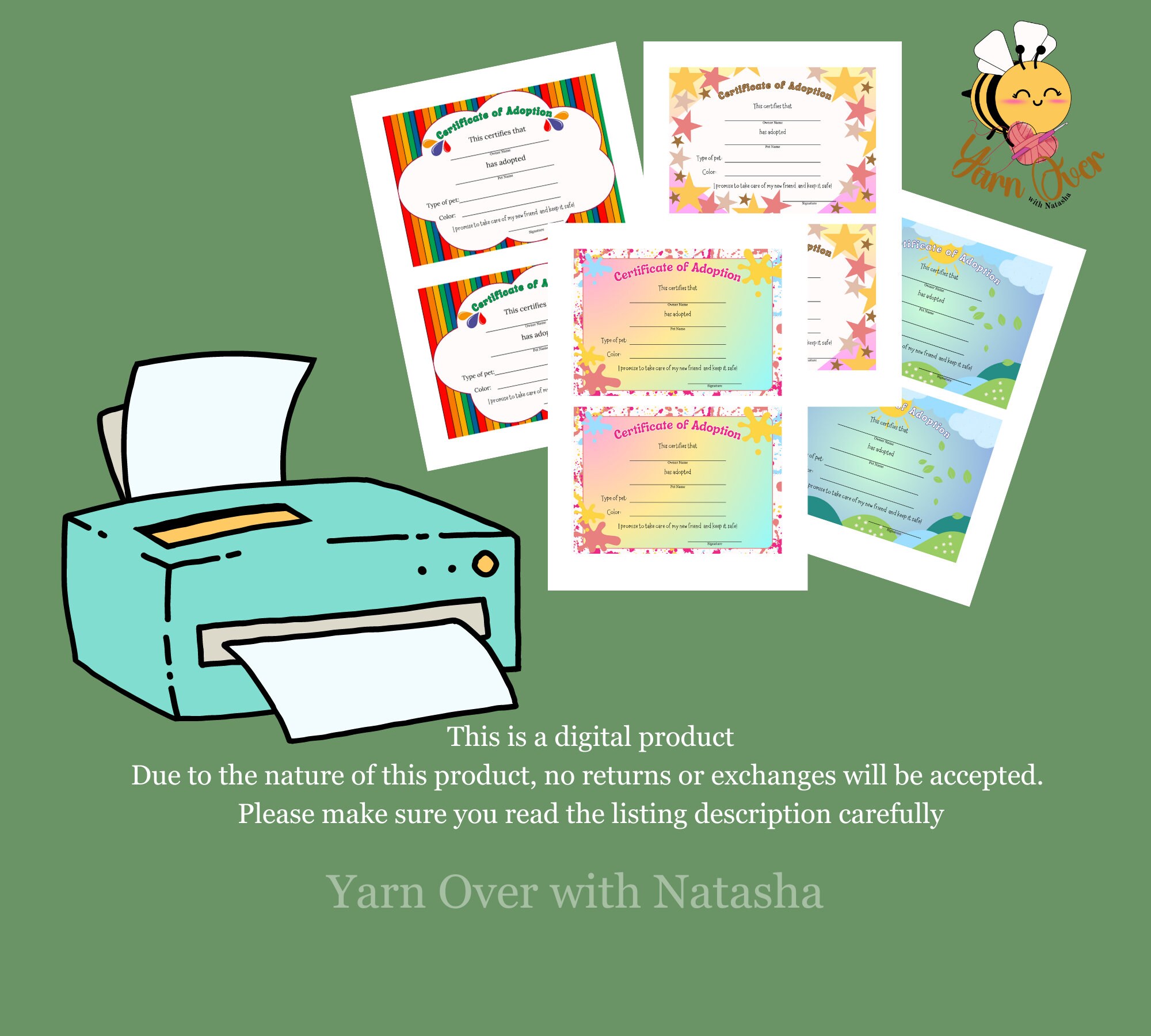 Printable Adoption Cards, Digital Toy Adoption Certificates, Personal ...