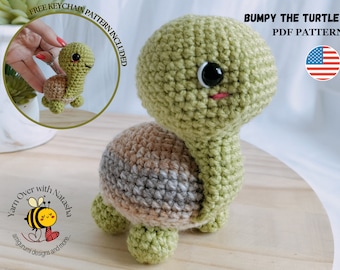 May include: A crochet turtle toy with a light green head and limbs, and a brown and grey shell. The text BUMPY THE TURTLE PDF PATTERN is visible, along with a circular inset showing a smaller version as a keychain and a bee logo.