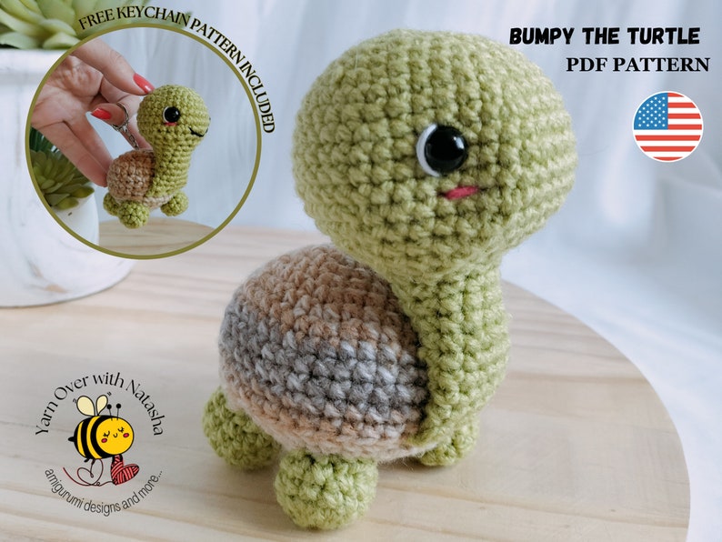 May include: Crochet pattern for a green and brown turtle amigurumi toy named "Bumpy the Turtle". The pattern includes instructions for making a keychain version of the toy. The pattern is available as a PDF download.