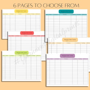 Pu&ograve; includere: Sei pagine stampabili di un tracker di ordini mensile. Ogni pagina ha un'intestazione di colore diverso con il testo "Tracker di ordini mensile" e colonne per la data, il nome, i contatti, i prodotti, i tempi di consegna, il tracciamento e la consegna.
