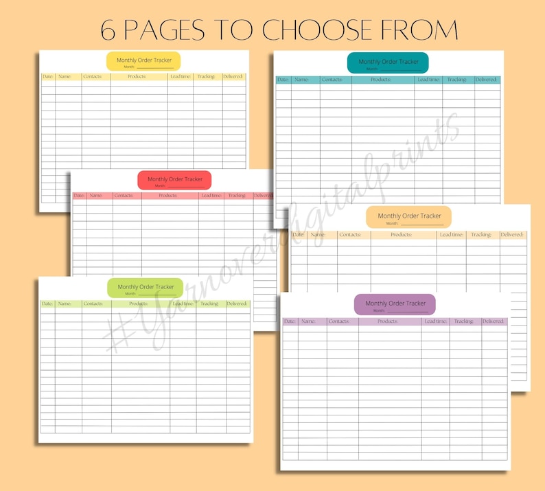 Pu&ograve; includere: Sei pagine stampabili di un tracker di ordini mensile. Ogni pagina ha un'intestazione di colore diverso con il testo "Tracker di ordini mensile" e colonne per la data, il nome, i contatti, i prodotti, i tempi di consegna, il tracciamento e la consegna.