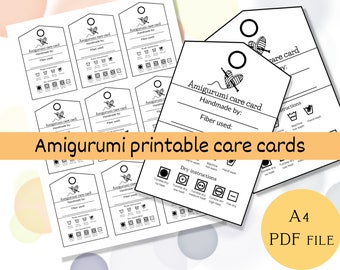 Etiquetas para tarjetas de cuidado de amigurumi imprimibles: Tamaño de tarjeta de visita (PDF)