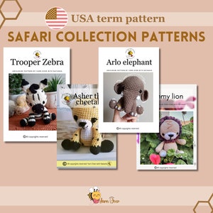 Safari Pattern collection - Amigurumi elephant, Zebra, Cheetah, Lion. PDF pattern collection of safari animals