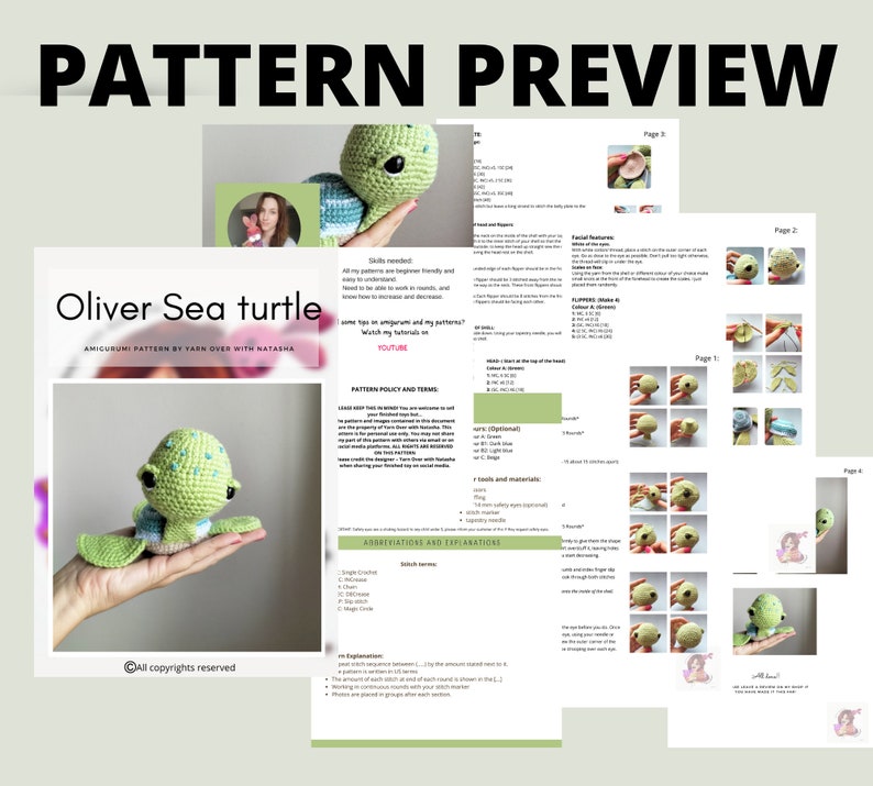 PATTERN for a Amigurumi sea turtle: Easy to follow crochet turtle pattern for beginners, US term crochet pattern for a amigurumi sea turtle image 2