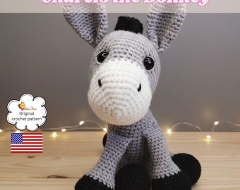 Patrón de burro amigurumi, animal de granja de crochet, tutorial fácil en inglés, burro de peluche para regalo de cumpleaños infantil