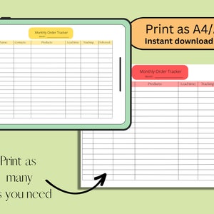 May include: Printable monthly order tracker template in A4 or A5 size. The template has columns for date, name, contacts, products, lead time, tracking, and delivered. The template is in a light green and pink color scheme.