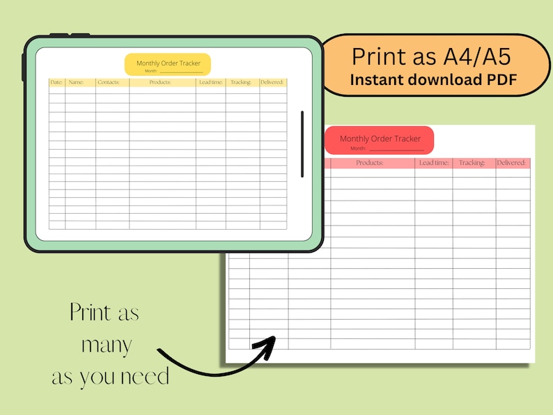 Pu&ograve; includere: Modello di tracciamento degli ordini mensili stampabile in formato A4 o A5. Il modello ha colonne per la data, il nome, i contatti, i prodotti, i tempi di consegna, il tracciamento e la consegna. Il modello &egrave; in uno schema di colori verde chiaro e rosa.