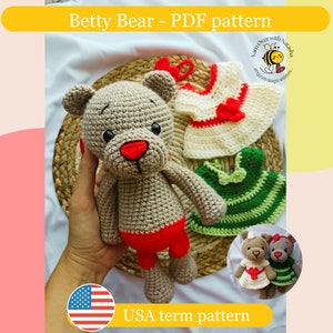 amigurumi bear pattern, crochet bear pattern, Bear with a dress crochet pattern, soft bear toy, DIY amigurumi bear