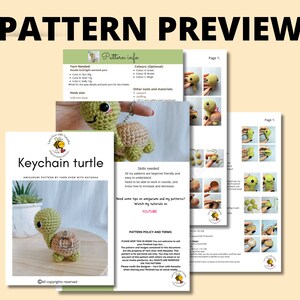 May include: A crochet pattern for a keychain turtle amigurumi. The pattern includes instructions for making the turtle in green, brown, and beige yarn. The pattern is written in English and includes a photo of the finished product.