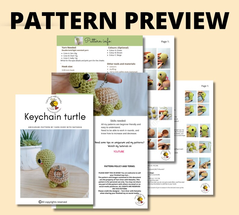 May include: A crochet pattern for a keychain turtle amigurumi. The pattern includes instructions for making the turtle in green, brown, and beige yarn. The pattern is written in English and includes a photo of the finished product.