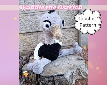 May include: A crocheted ostrich toy with a light gray head and neck, a black body, and white wing accents. The ostrich has a tan beak and large eyes. Text at the top reads Waddle the Ostrich, and a speech bubble on the right says Crochet Pattern.