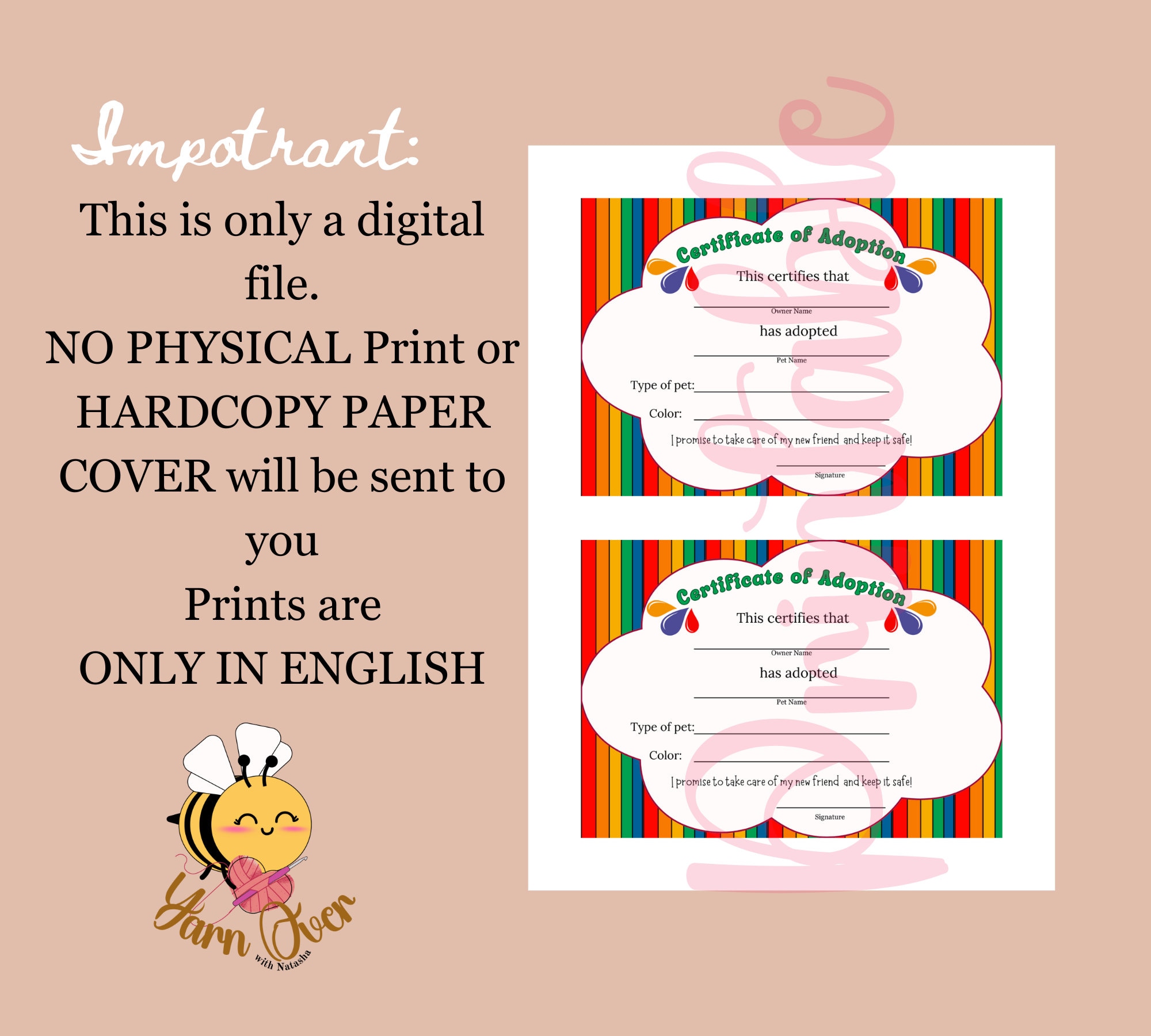 Printable Adoption Cards, Digital Toy Adoption Certificates, Personal ...