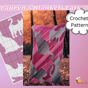 Puede incluir: Un patrón de crochet para una manta con un diseño de gatos. El patrón se muestra sobre un fondo rosa con una cuadrícula blanca. La manta terminada se muestra en rosa y gris con un diseño de gato.