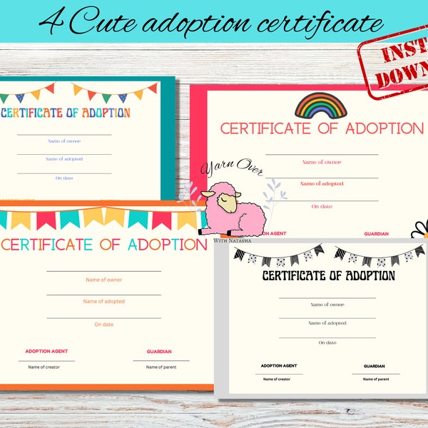 Digital toy adoption certificate, Personal adoption paper for toys, printable adoption papers for toys