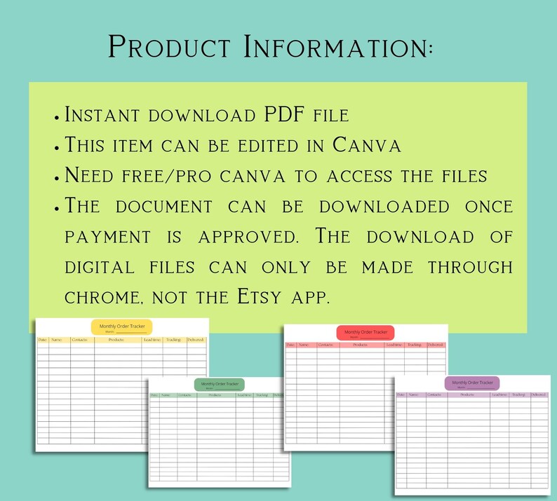 Pu&ograve; includere: Tre modelli di tracciamento degli ordini mensili stampabili in Canva. I modelli sono di colori diversi: rosso, verde e viola. Il testo "Tracciamento degli ordini mensili" &egrave; in cima a ogni modello.