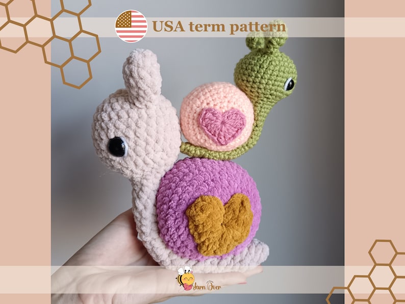 Crochet PATTERN: plush snail, Amigurumi snail, crochet valentines gift, Cute snail with heart print shell, Valentine snail crochet pattern image 1
